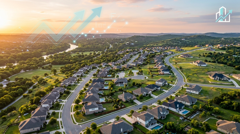 Aerial view of a New Braunfels, Texas Hill Country neighborhood at sunrise representing a March 2026 market update