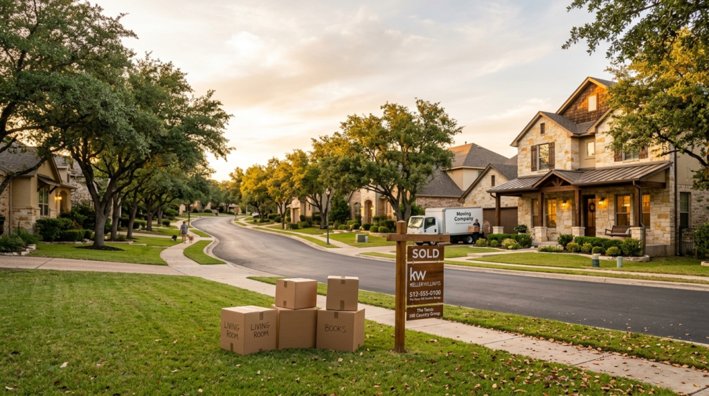 New Braunfels Texas Hill Country home exterior at golden hour, relocation lifestyle change