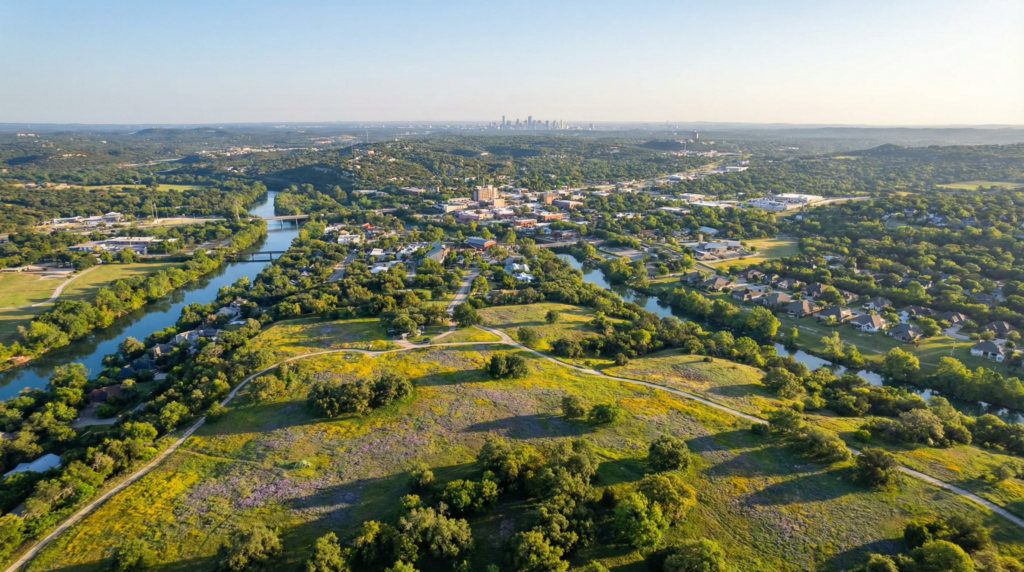 Aerial view of New Braunfels, Texas and surrounding Hill Country landscape, representing a local real estate market update