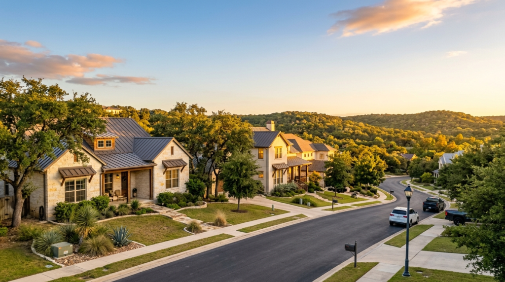 Texas Hill Country neighborhood near New Braunfels at golden hour