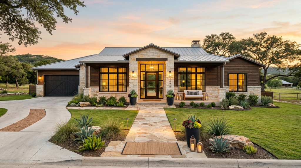Texas Hill Country home exterior in New Braunfels at golden hour, curb appeal