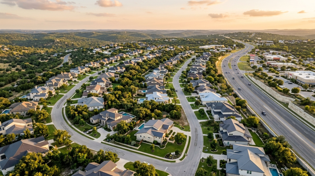 Aerial view of Bulverde Texas Hill Country neighborhood along US-281 at golden hour