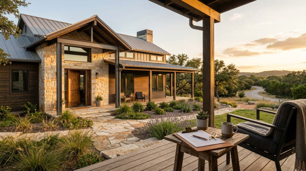 Modern Texas Hill Country home exterior at golden hour, home buying roadmap concept