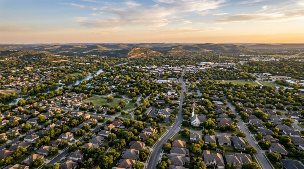 Aerial view of New Braunfels Texas Hill Country neighborhoods at golden hour