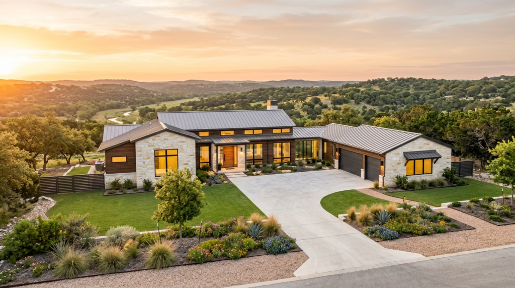 Modern Texas Hill Country home exterior in New Braunfels at sunrise, representing strategic home selling and curb appeal