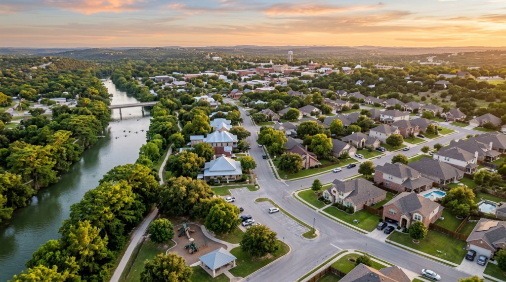 Aerial view of a Seguin, Texas neighborhood at golden hour