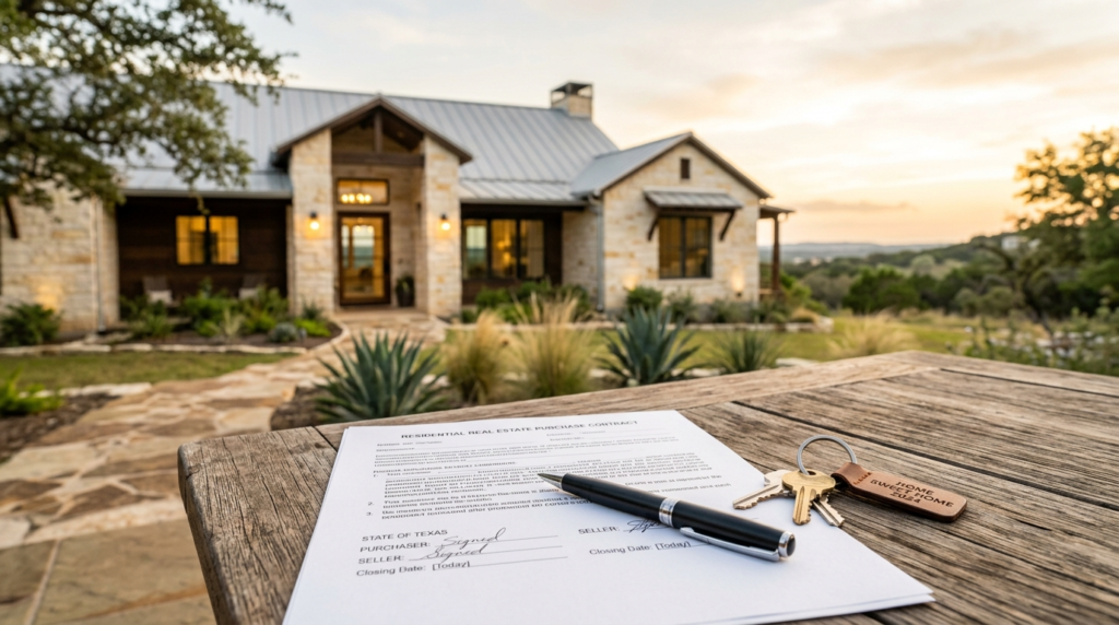 Contract and keys on a table with a Texas Hill Country home in the background at golden hour