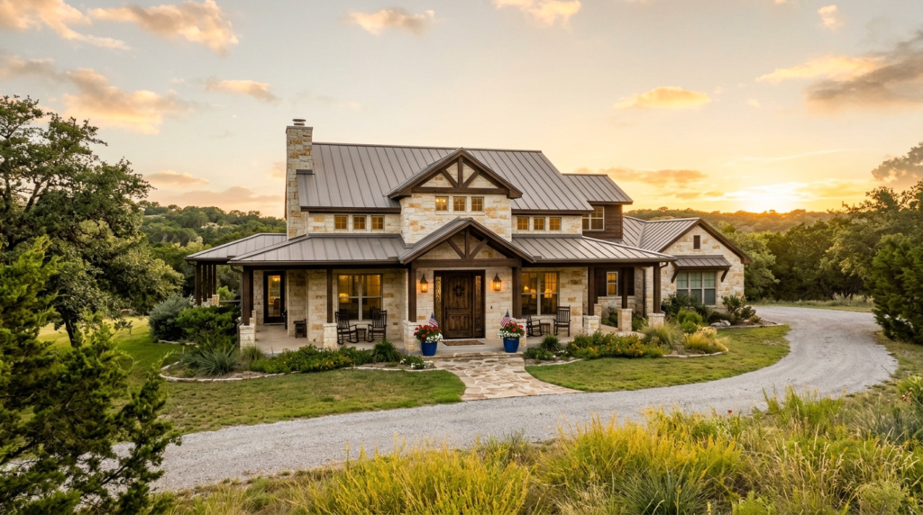 Texas Hill Country home exterior in New Braunfels area at golden hour