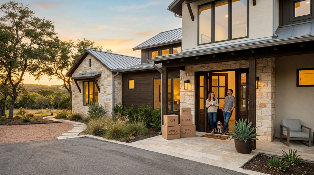 Modern Texas Hill Country home exterior in New Braunfels at golden hour, lifestyle transition