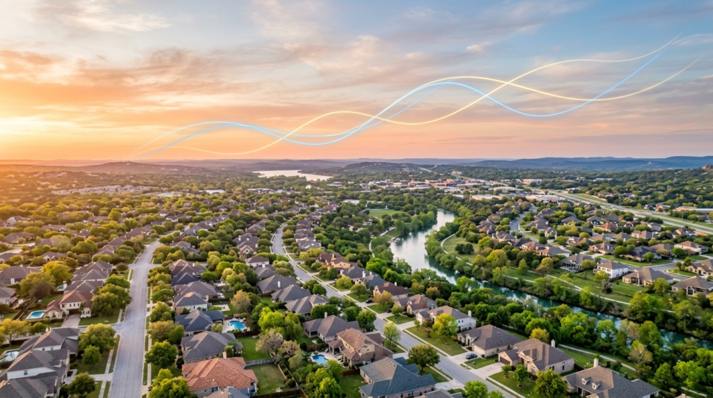 Aerial view of New Braunfels and the Texas Hill Country at sunrise with subtle market trend lines