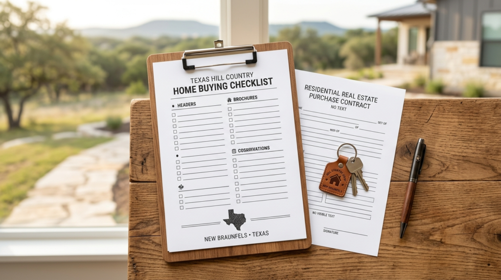 Checklist, keys, and contract representing a Hill Country home buying guide in New Braunfels, Texas