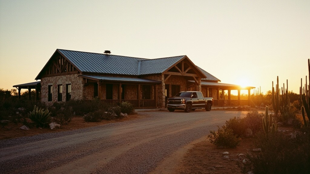 Modern Texas Hill Country home exterior near New Braunfels at golden hour